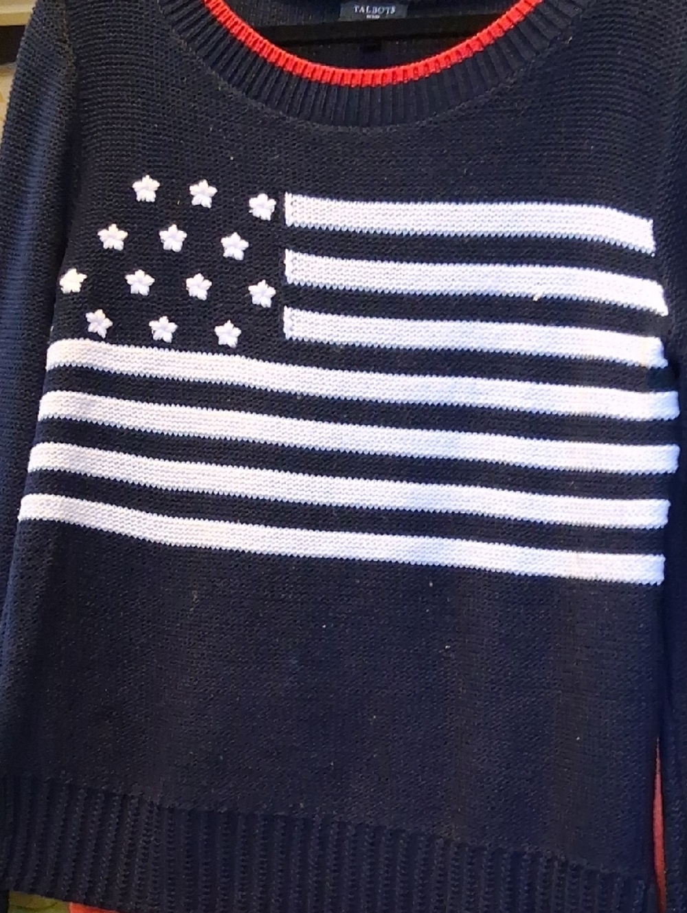 Talbots Navy Cotton Knit  Sweater with White Flag Motif and Red Trim